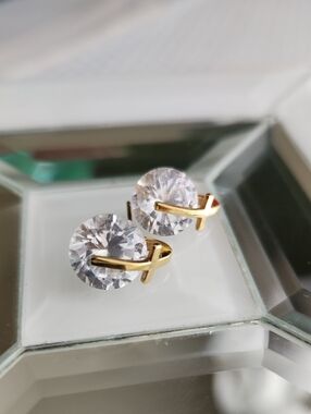 925 D Stud Spinning Clear Crystal Cross Earrings signed Sterling Silver Vermeil